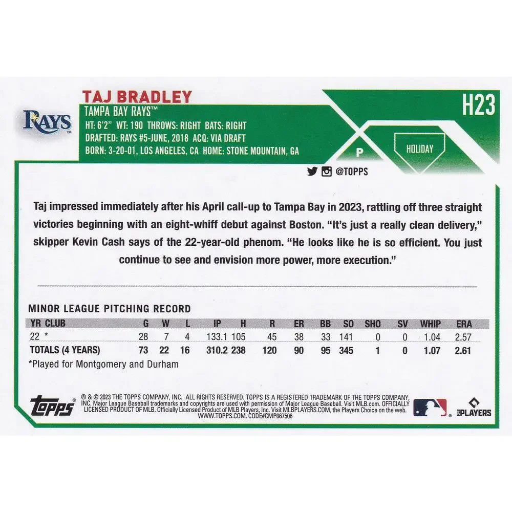 2023 Topps Holiday Taj Bradley RC H23 Tampa Bay Rays
